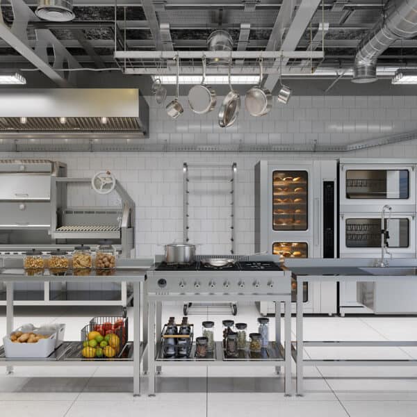 Front View Of Modern Industrial Kitchen Interior With Kitchen Utensils, Equipment And Bakery Products